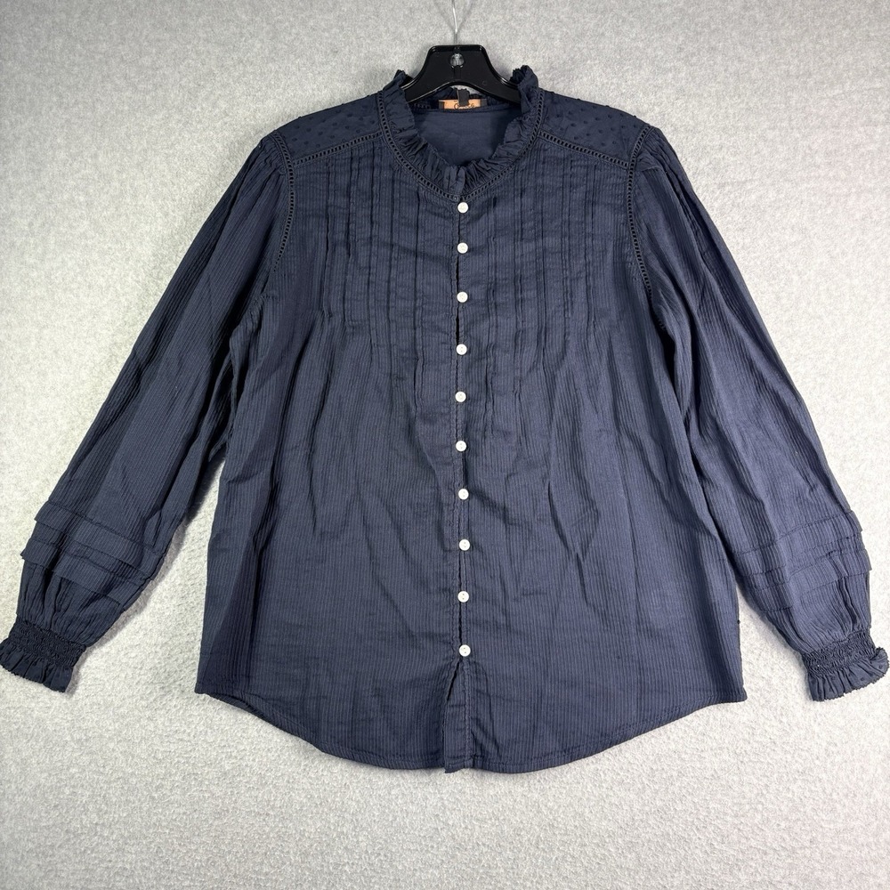 Quince Organic Textured Peasant Top Women's S Navy Long Sleeve Button Up